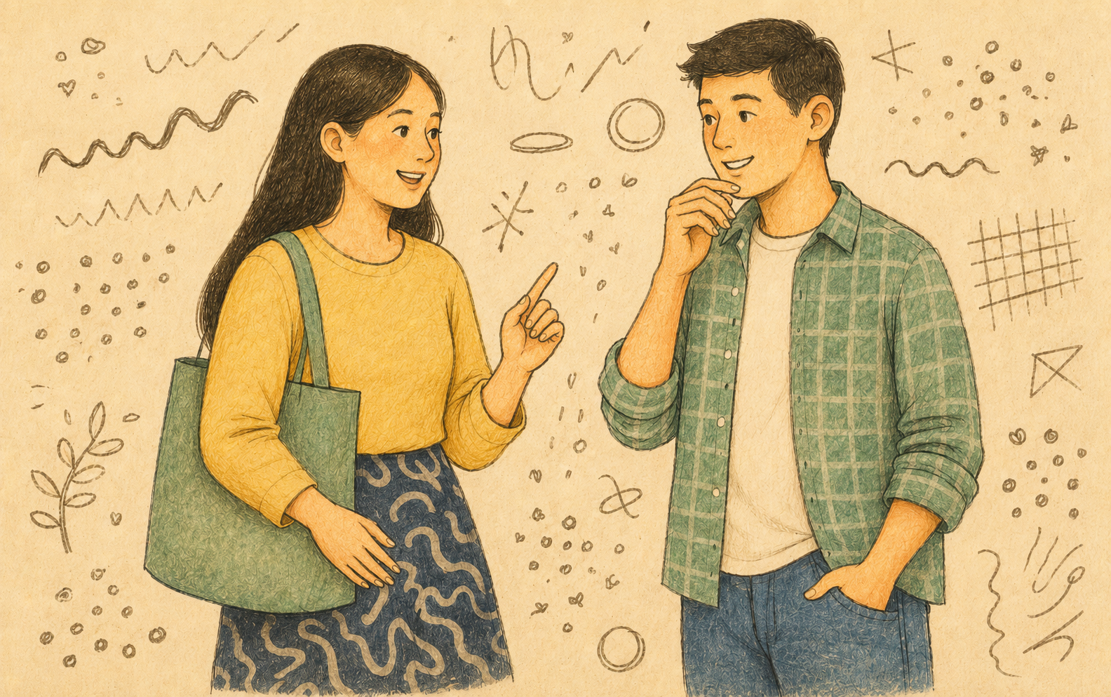 An Asian couple sitting together on a sofa, listening closely to one another.